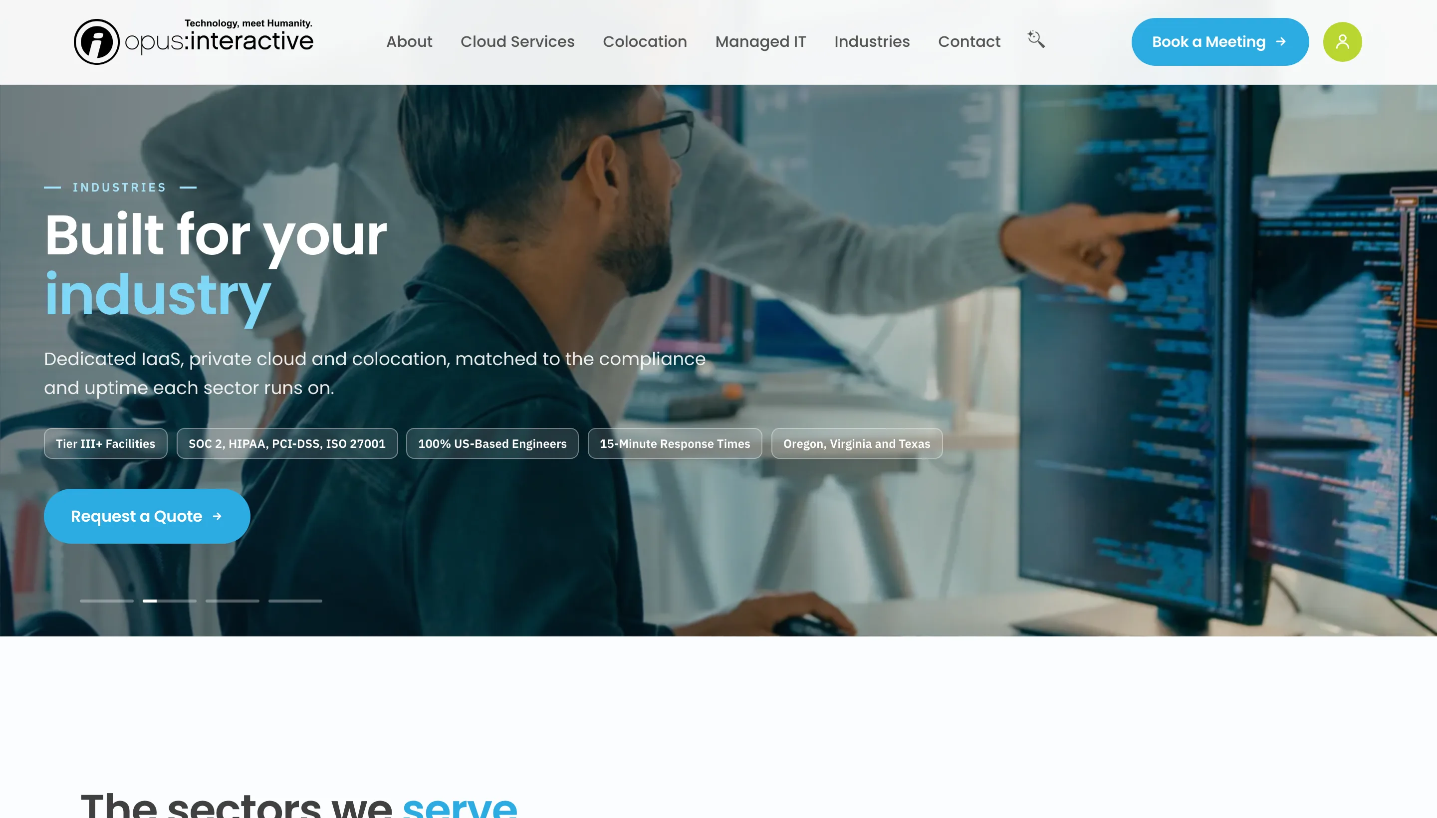 The industries landing page, with a fading sequence of sector photographs in the hero.