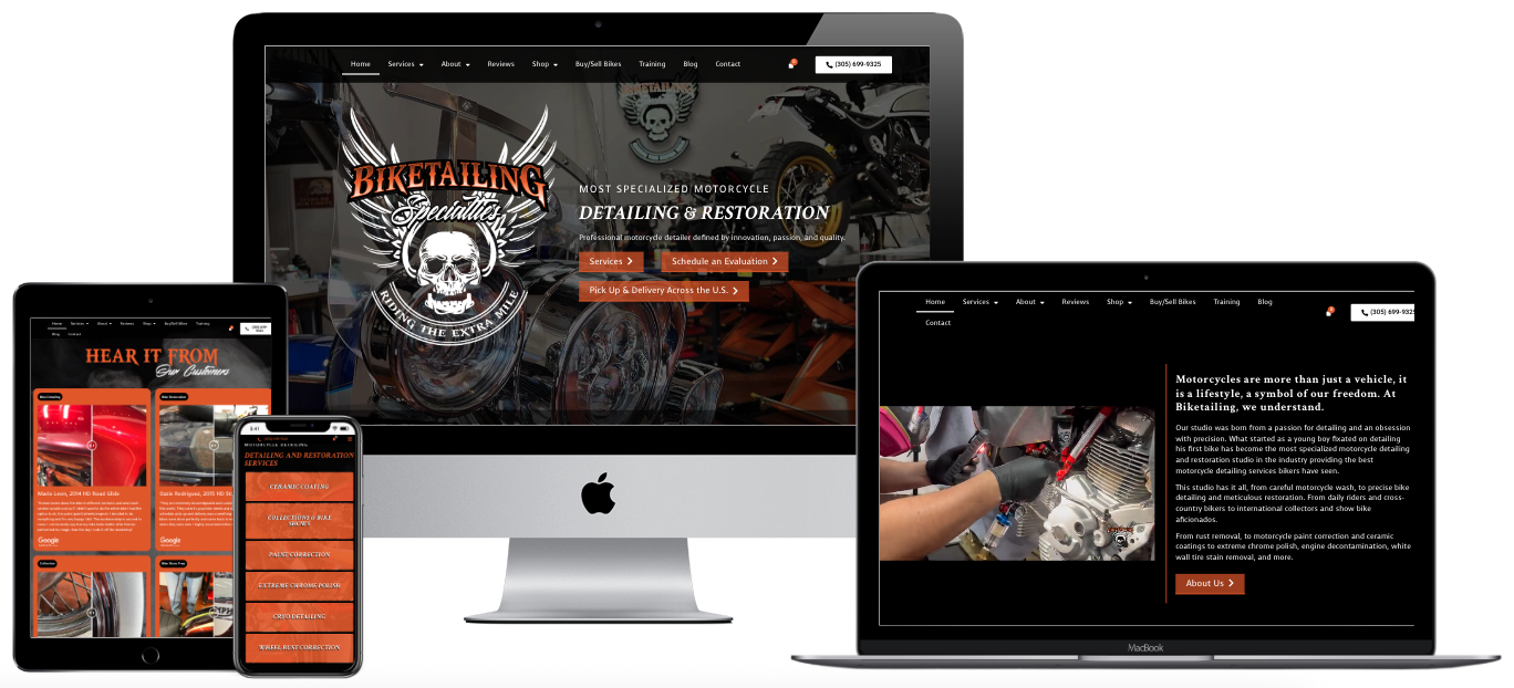 Biketailing Specialties motorcycle detailing website design — multi-device mockup