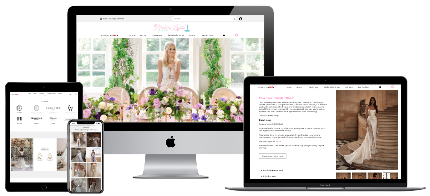 Blushing Bridal Boutique website design — multi-device mockup