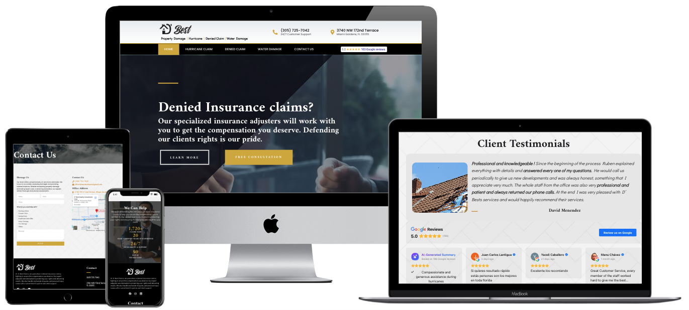 D'Best Claims insurance adjusters website design — multi-device mockup