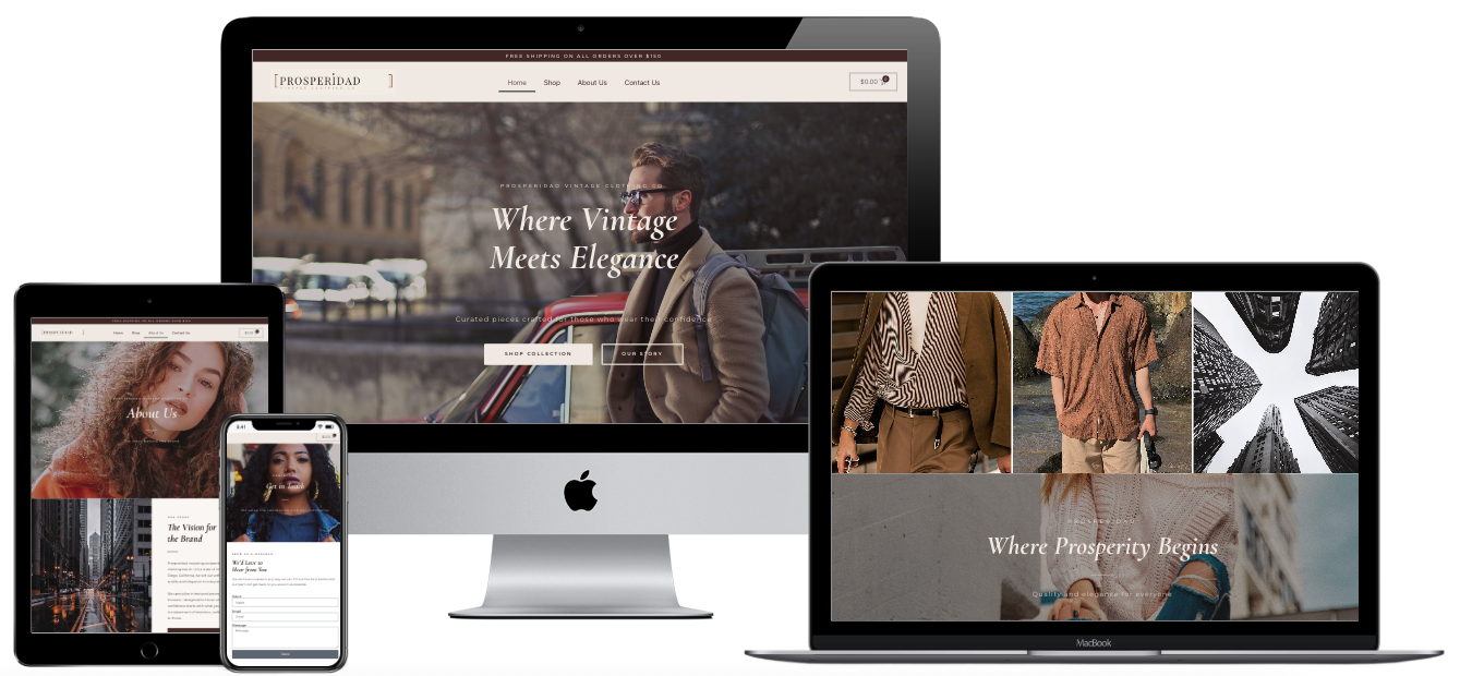 Prosperidad vintage clothing e-commerce website design — multi-device mockup