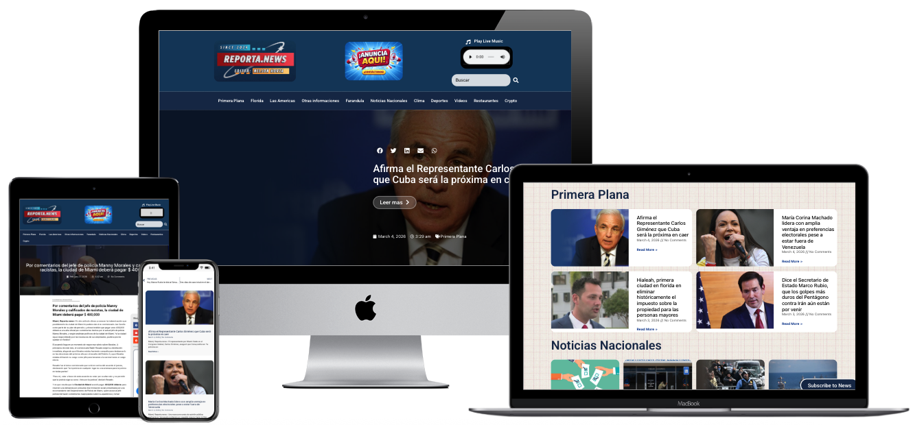 Reporta News Spanish news website design — multi-device mockup