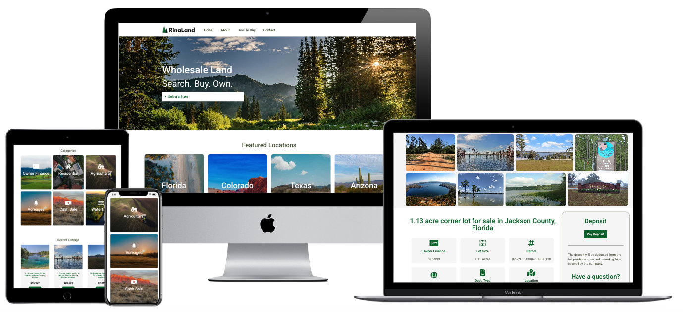 RinaLand wholesale land website design — multi-device mockup