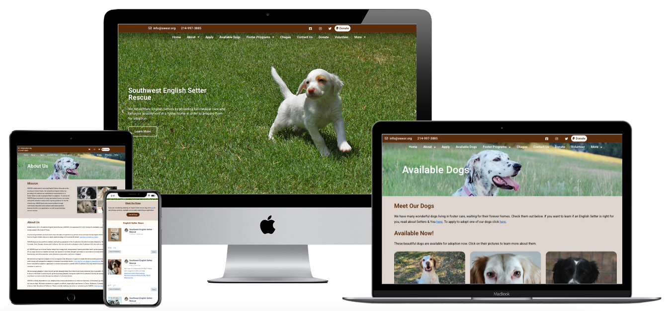 Southwest English Setter Rescue nonprofit website design — multi-device mockup