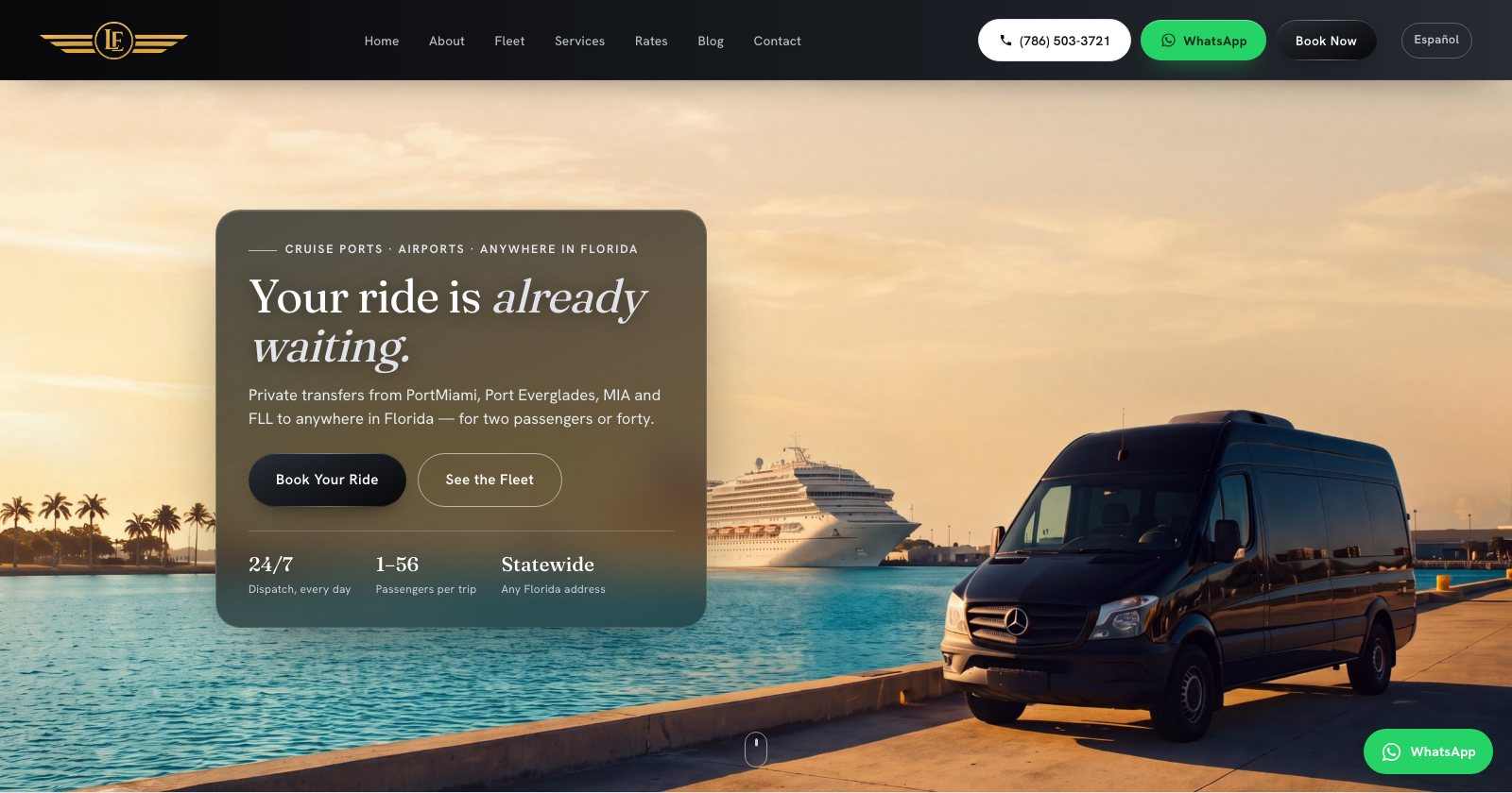 Homepage of the new South Florida airport and cruise port transport website built for this SEO case study.